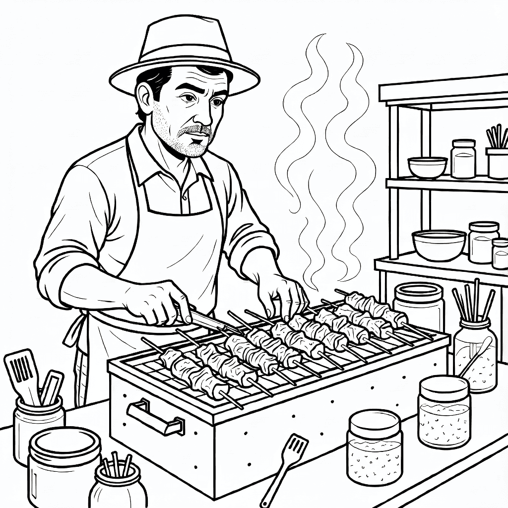 Straßenimbiss-Verkäufer, der Kebabs auf einem großen Grill mit Rauch und Utensilien zubereitet