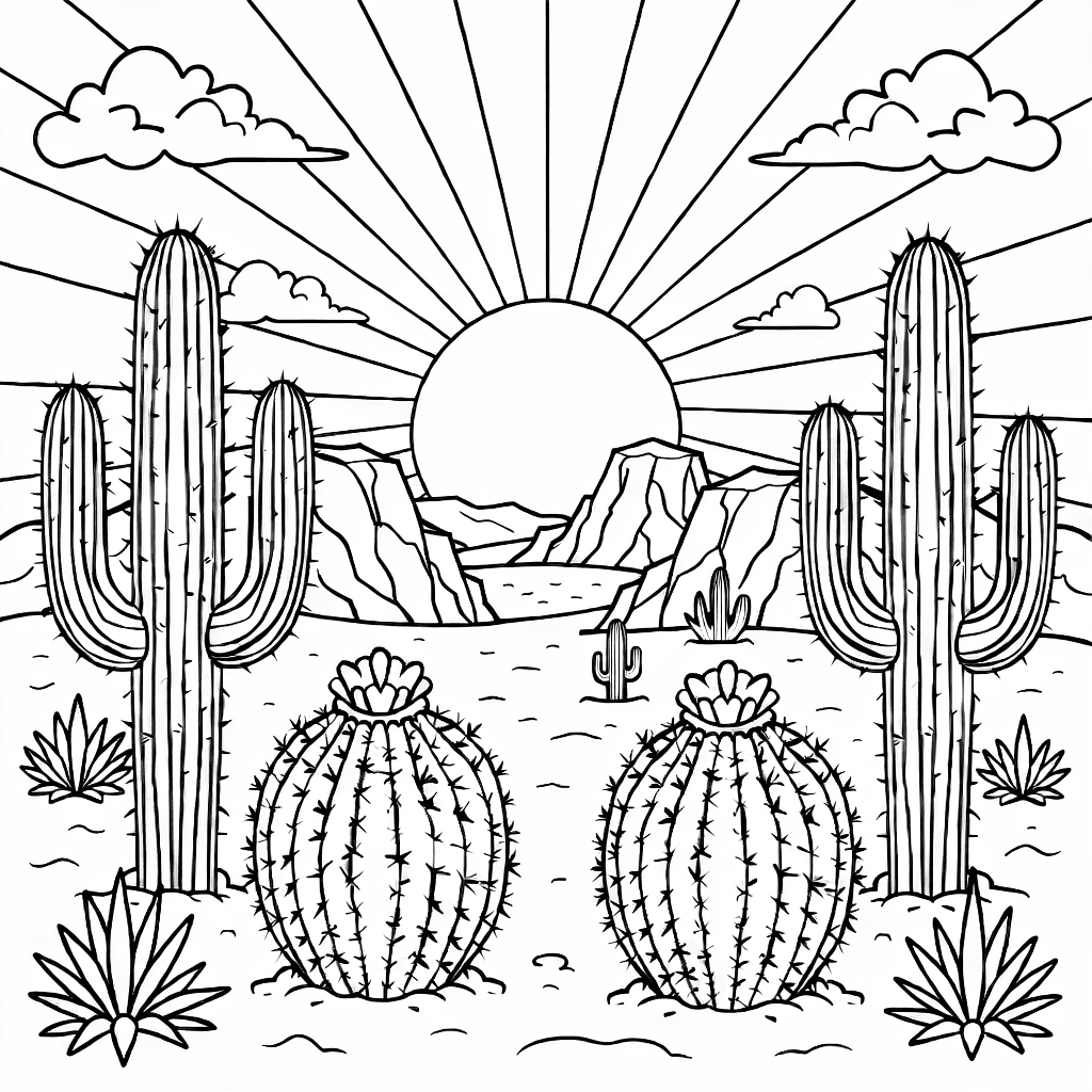 Paisagem do deserto com cactos saguaro e barril, formações rochosas e um grande pôr do sol vibrante com nuvens detalhadas