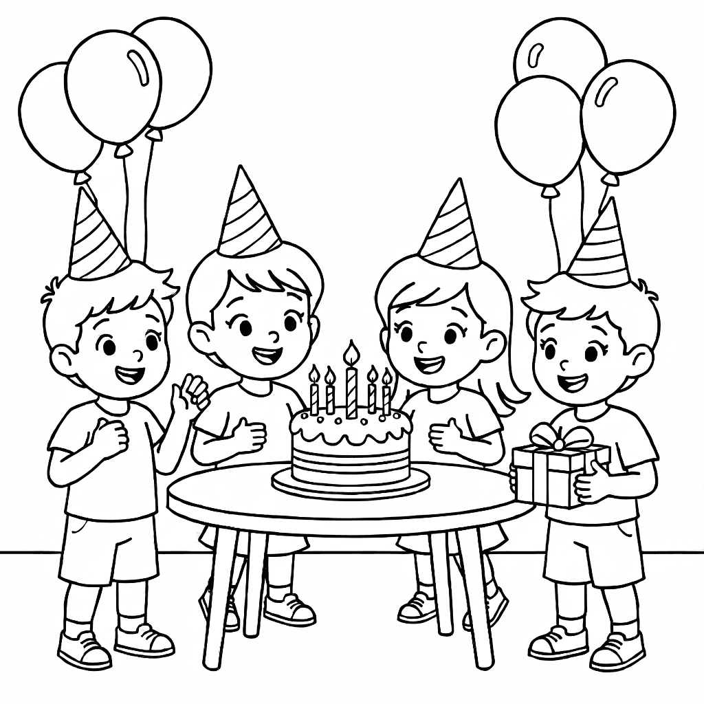Children wearing party hats celebrating a birthday with balloons, cake, and decorations