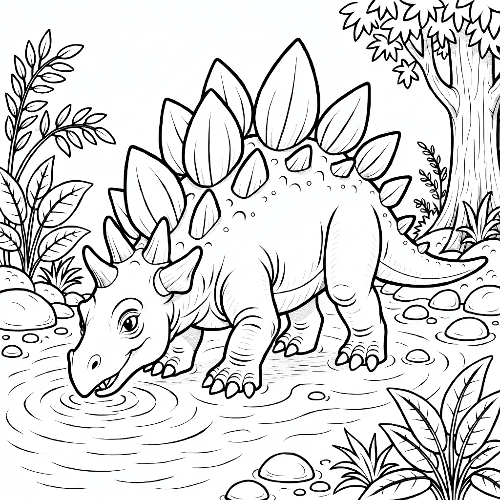 Realistic stegosaurus drinking from a prehistoric river with detailed armor, rocks, and plants