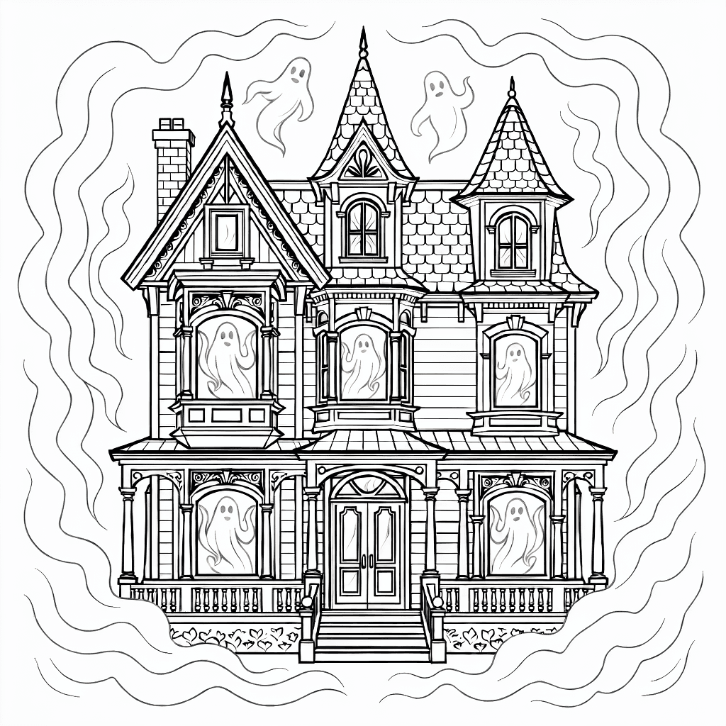 Old Victorian house with turrets and ornate windows, fog swirling around, translucent ghost figures at windows
