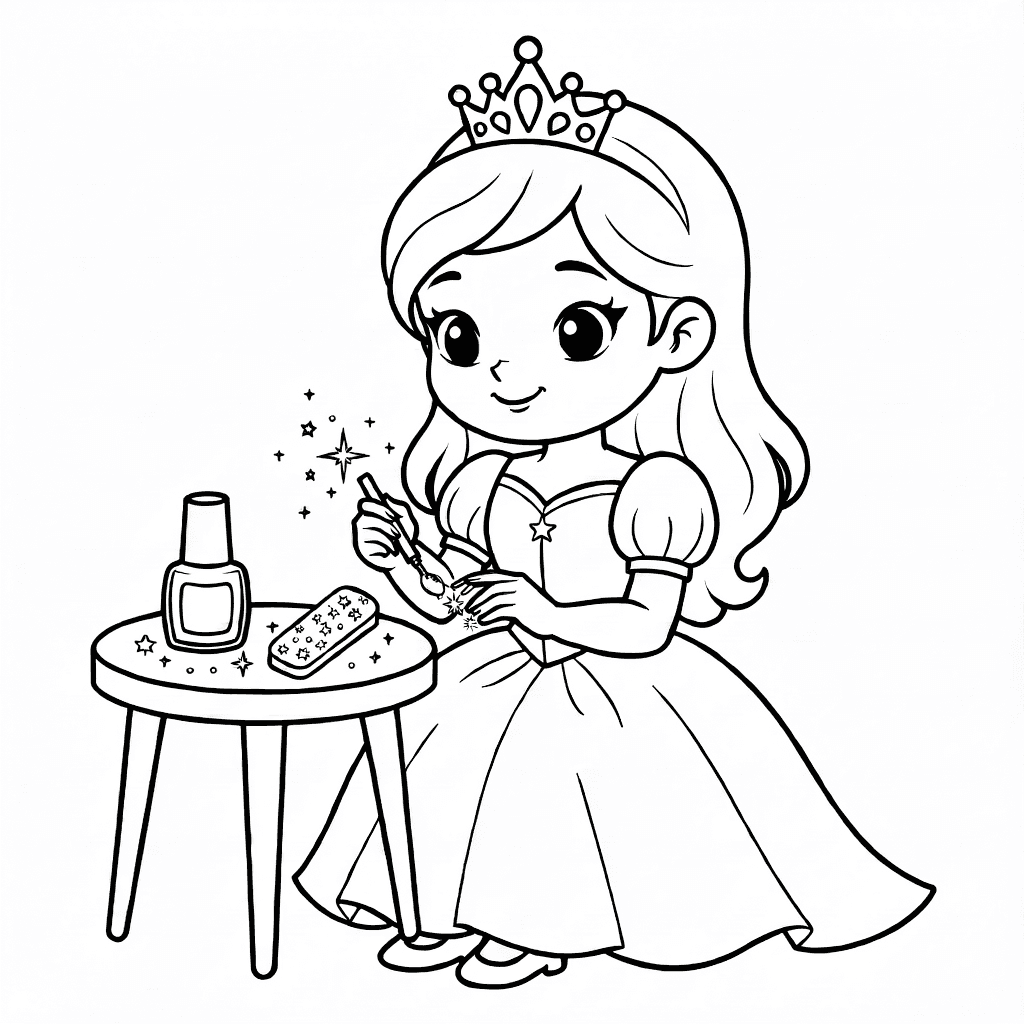 Principessa seduta che si fa le unghie con abito fluente e corona, tavolo con smalto e limetta