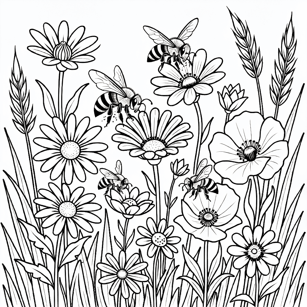 Detaillierte Zeichnung einer Wildblumenwiese mit Gänseblümchen, Mohn, Astern, Bienen und hohem Gras