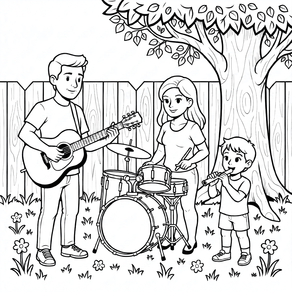 Familie mit vier Personen spielt Gitarre, Trommel, Flöte und Tamburin im Garten mit Gras, Blumen, Baum und Holzzaun