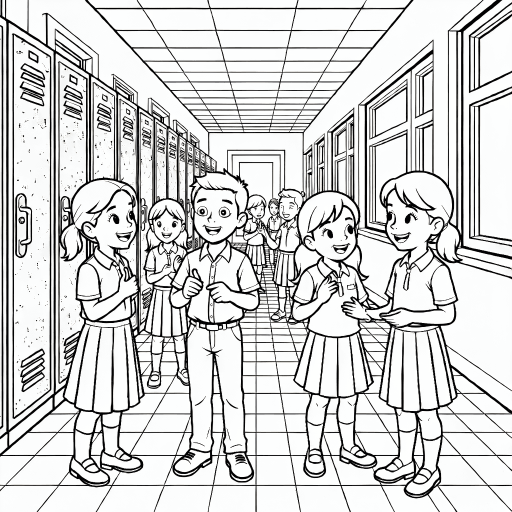 Enfants discutant dans un couloir d'école détaillé avec casiers, sol carrelé et fenêtres