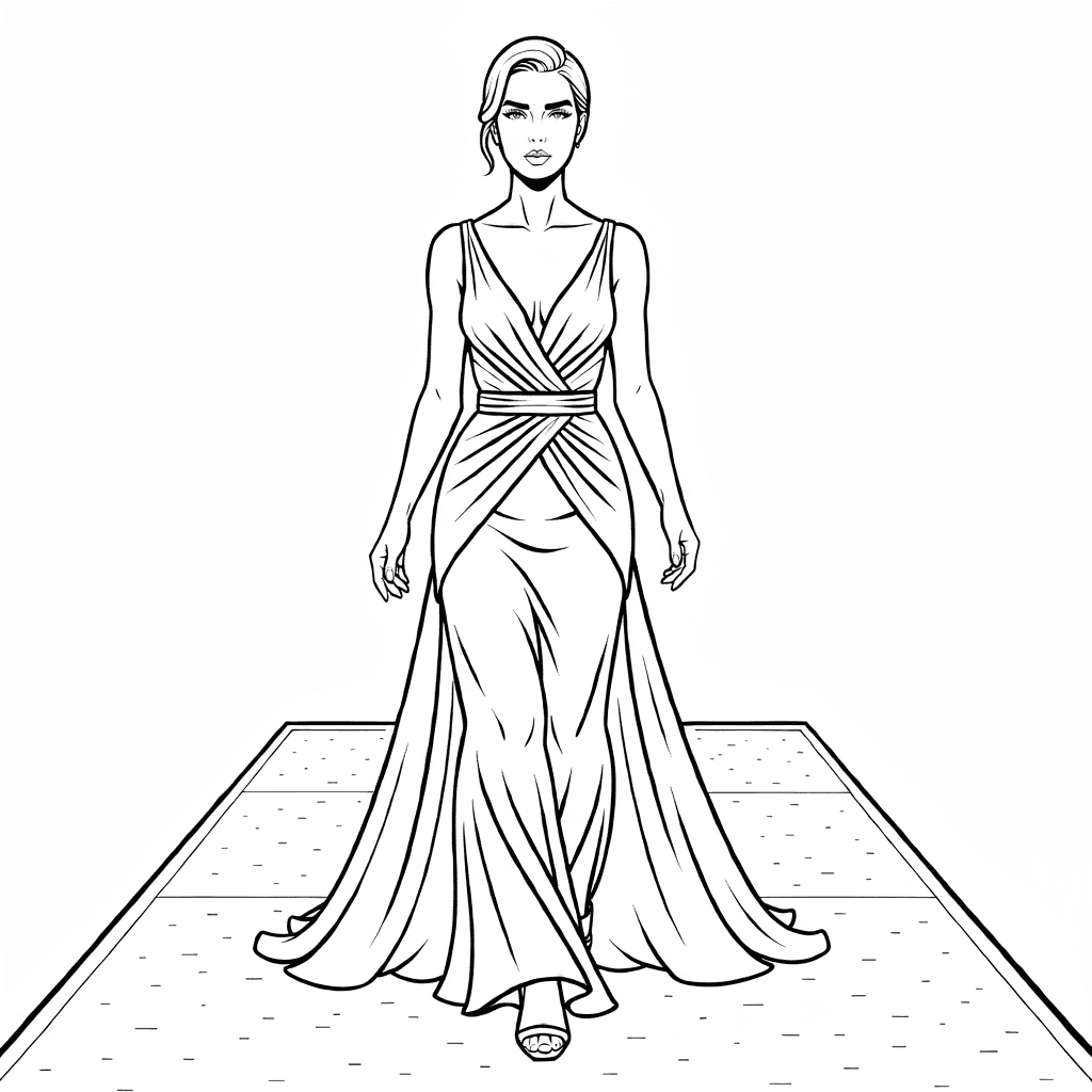 Modella che cammina sulla passerella con abito da sera elegante e pieghe dettagliate