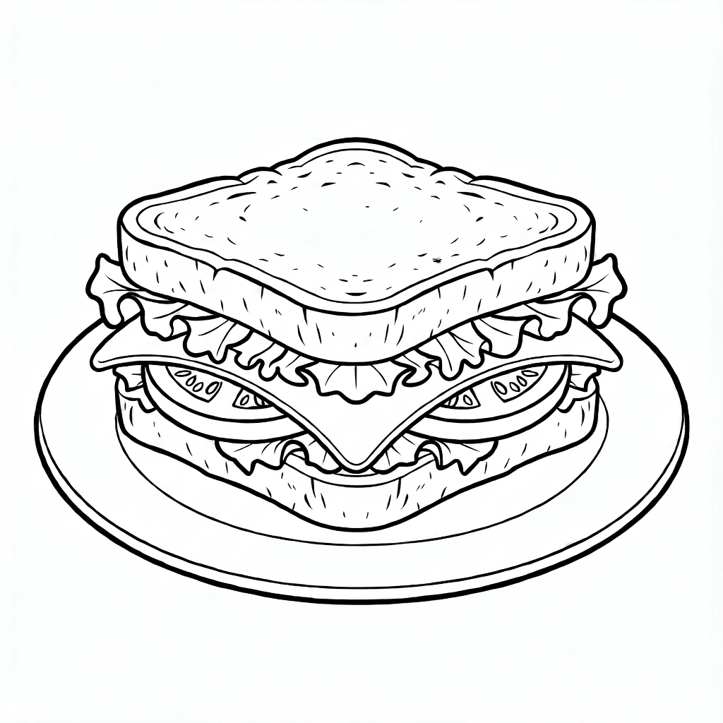 Realistisches Sandwich mit Salat, Tomate und Käse auf einem Teller mit strukturiertem Brot und glatter Oberfläche