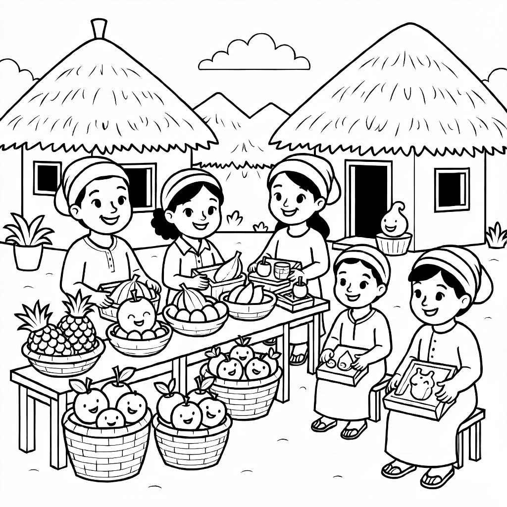 Afrikanischer Dorfmarkt mit Verkäufern, Obstkörben, Kunsthandwerk und Strohdachhütten