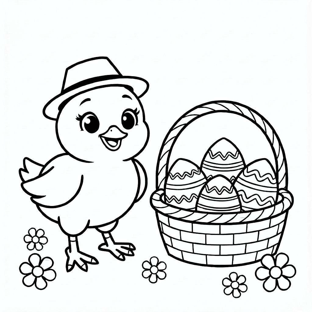 Fröhliches Küken mit kleinem schräg sitzendem Hut neben einem Korb mit dekorierten Eiern und kleinen Blumen.