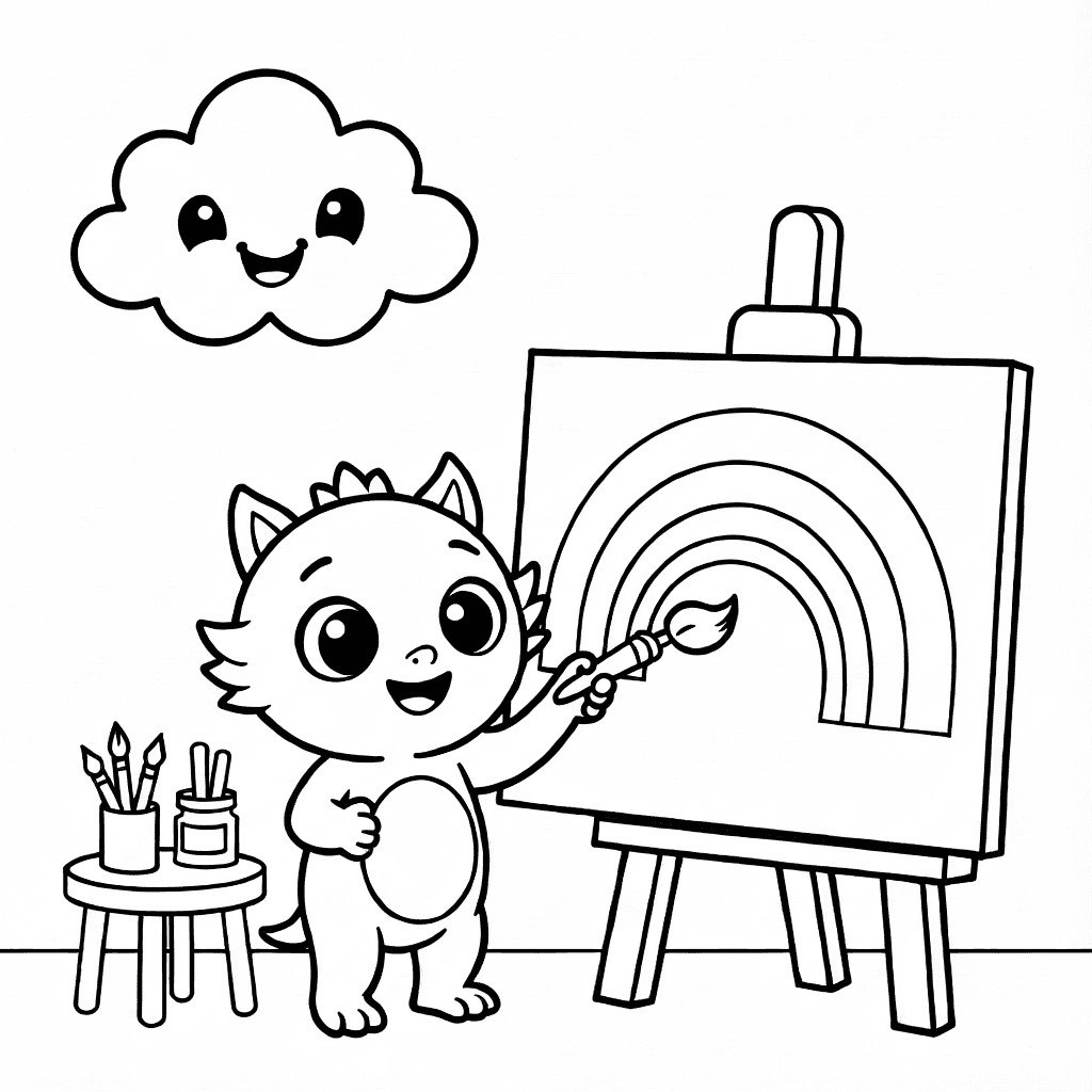 Kleines freundliches Monster steht und malt einen Regenbogen auf Leinwand mit einem Tisch und einer glücklichen Wolke