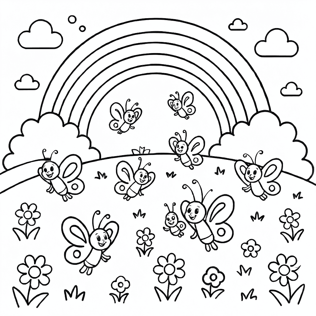 Rainbow meadow with colorful butterflies flying above flowers and grass