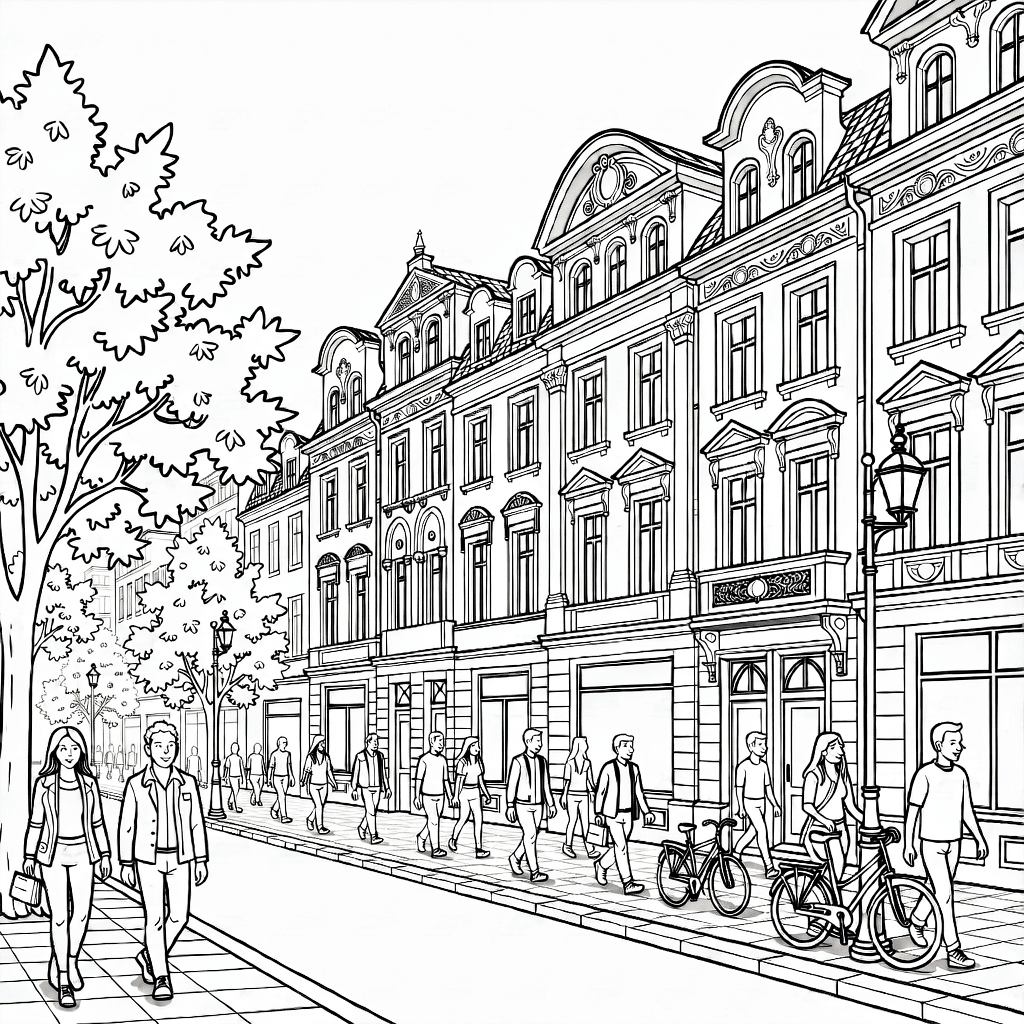 Wide Berlin street with historic buildings, people walking, street lamps, bicycles, and trees