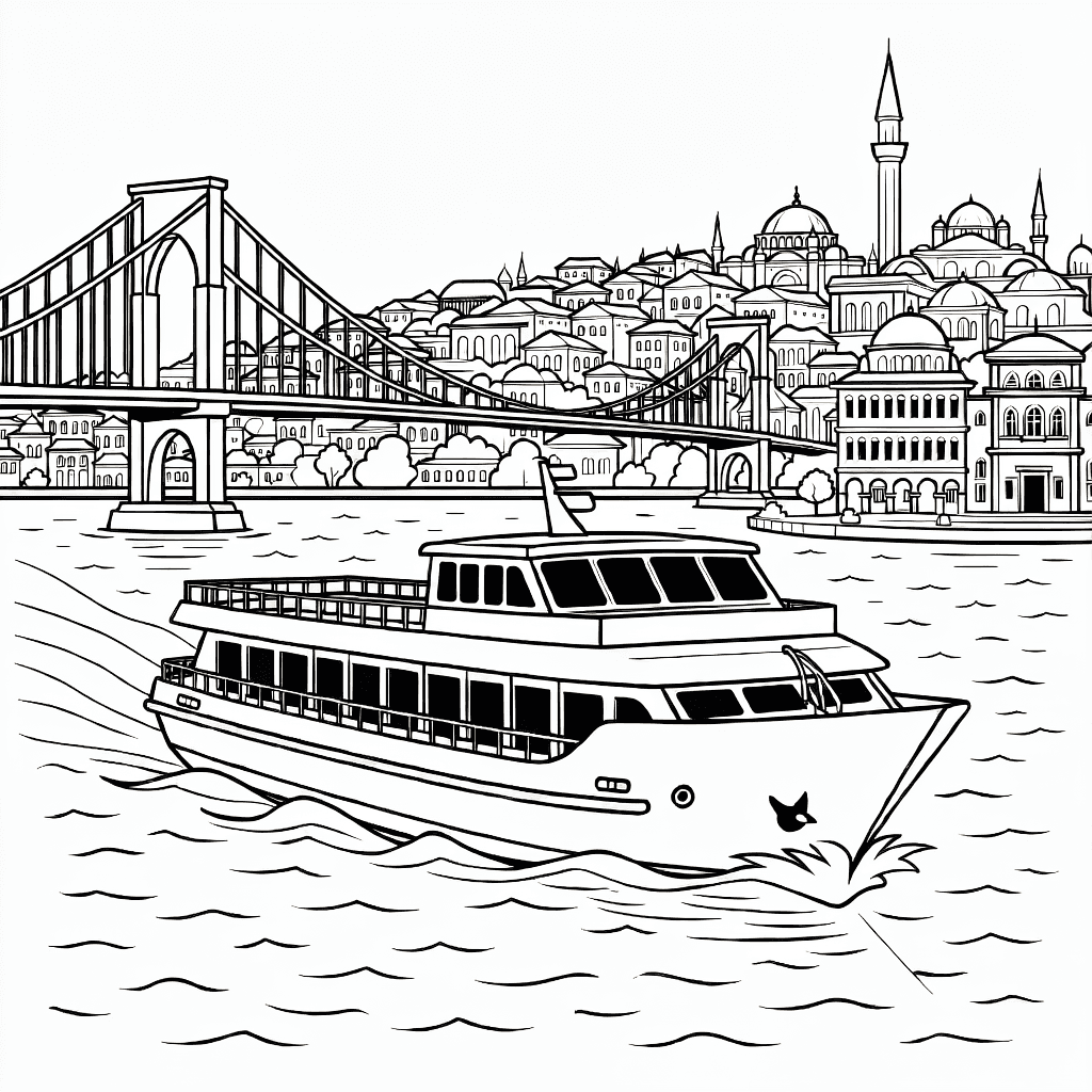 Illustration of the Bosphorus with bridges and boats on the water