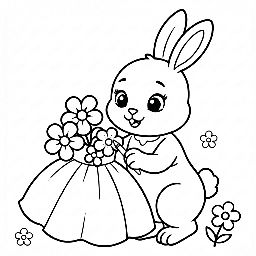 Coniglio carino con grandi occhi che decora un vestito con grandi fiori, piccoli fiori su sfondo bianco