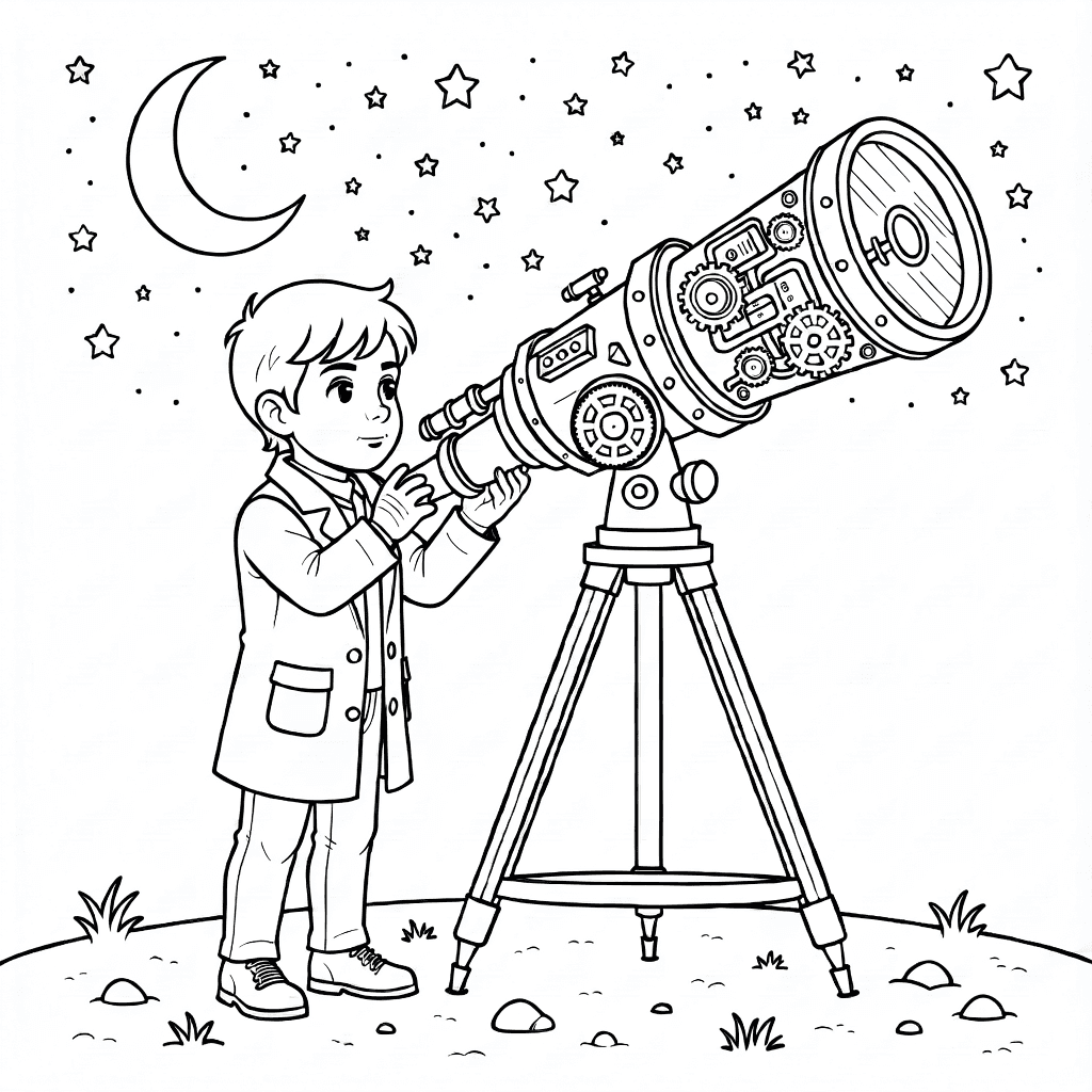 Genç astronom kaban ve eldivenleriyle büyük teleskopa bakıyor, yıldızlı gece gökyüzü ve hilal ay