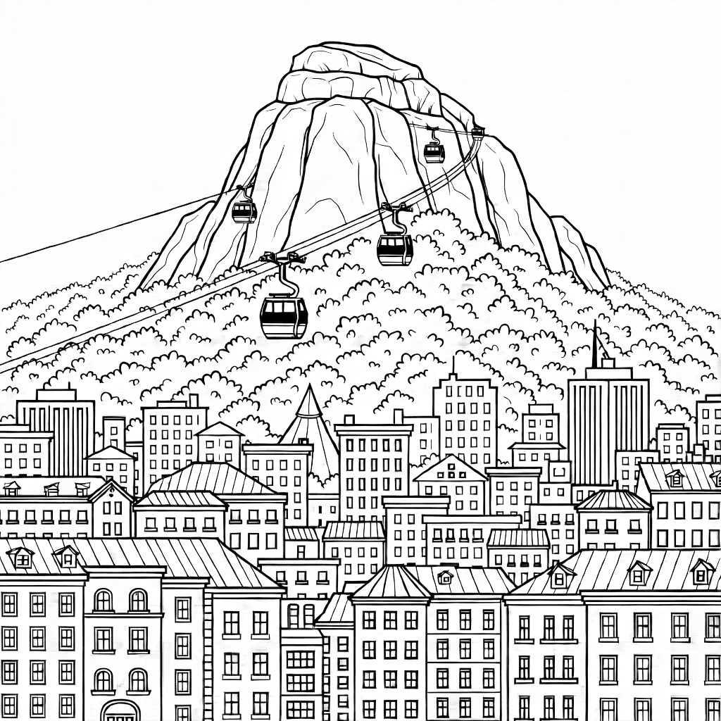 Table Mountain über der Stadtsilhouette mit Seilbahnen, detaillierten Gebäuden und Vegetation