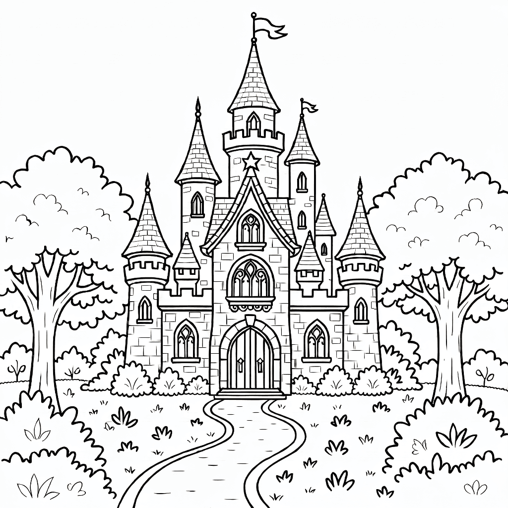 Ein magisches Schloss mit hohen Türmen, Fahnen und fantasievollen Details zum Ausmalen