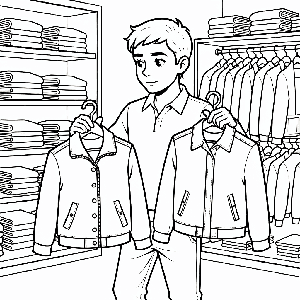 Ragazzo che tiene due giacche in un negozio di abbigliamento con scaffali e appendini sullo sfondo