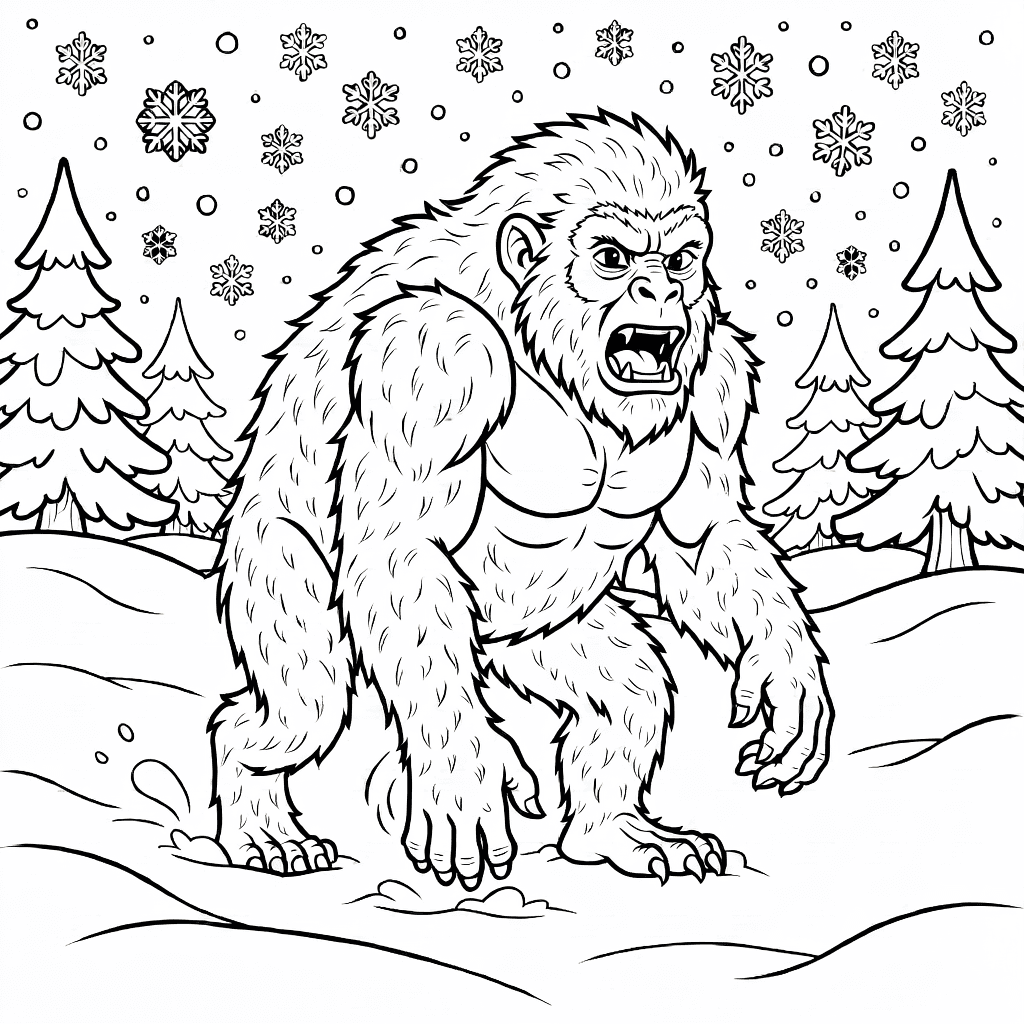 Großes zotteliges Monster läuft über verschneiten Boden mit Schneeflocken und Bäumen