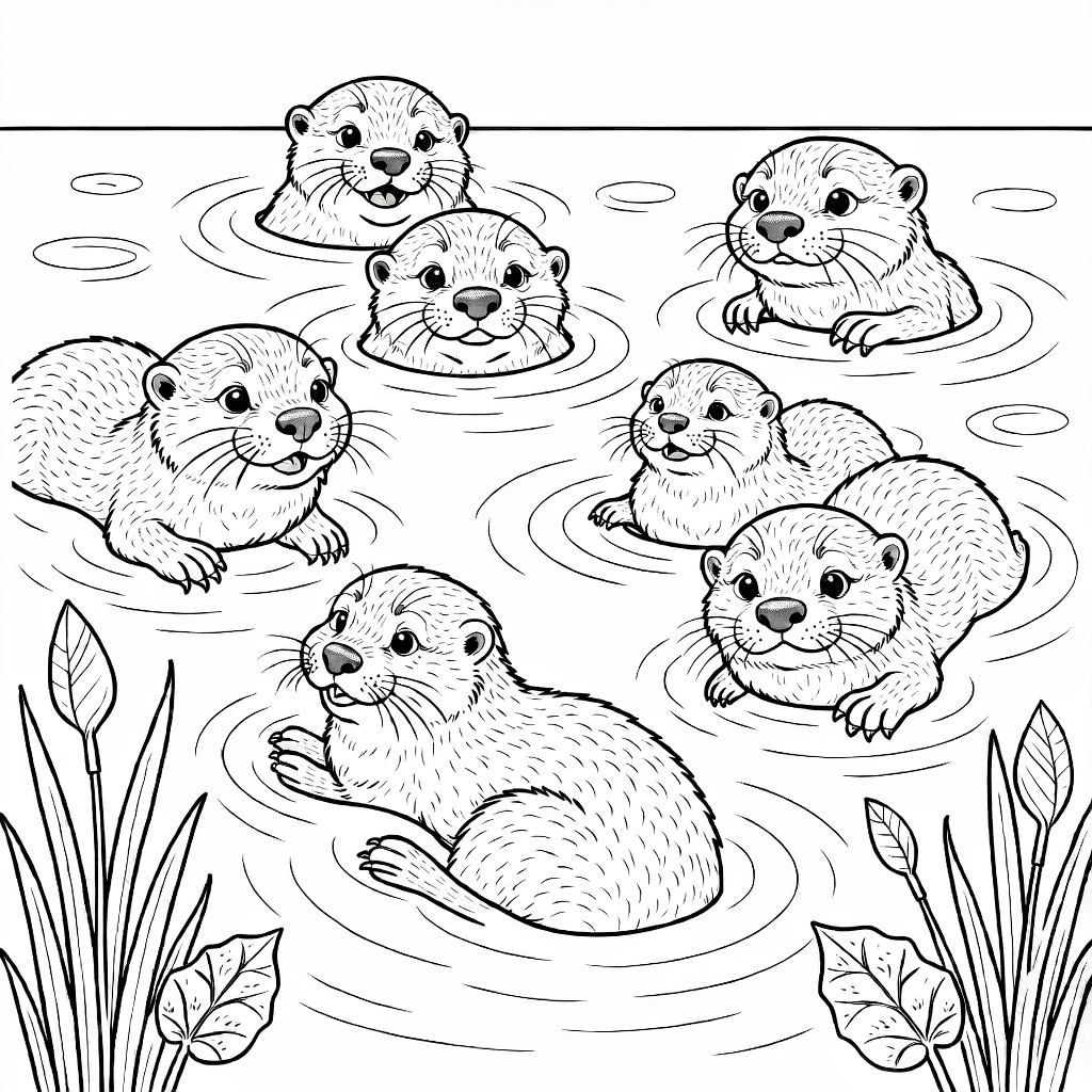 Fischotterfamilie, die auf dem Rücken in klarem Fluss mit Wasserpflanzen und sanften Wellen treibt