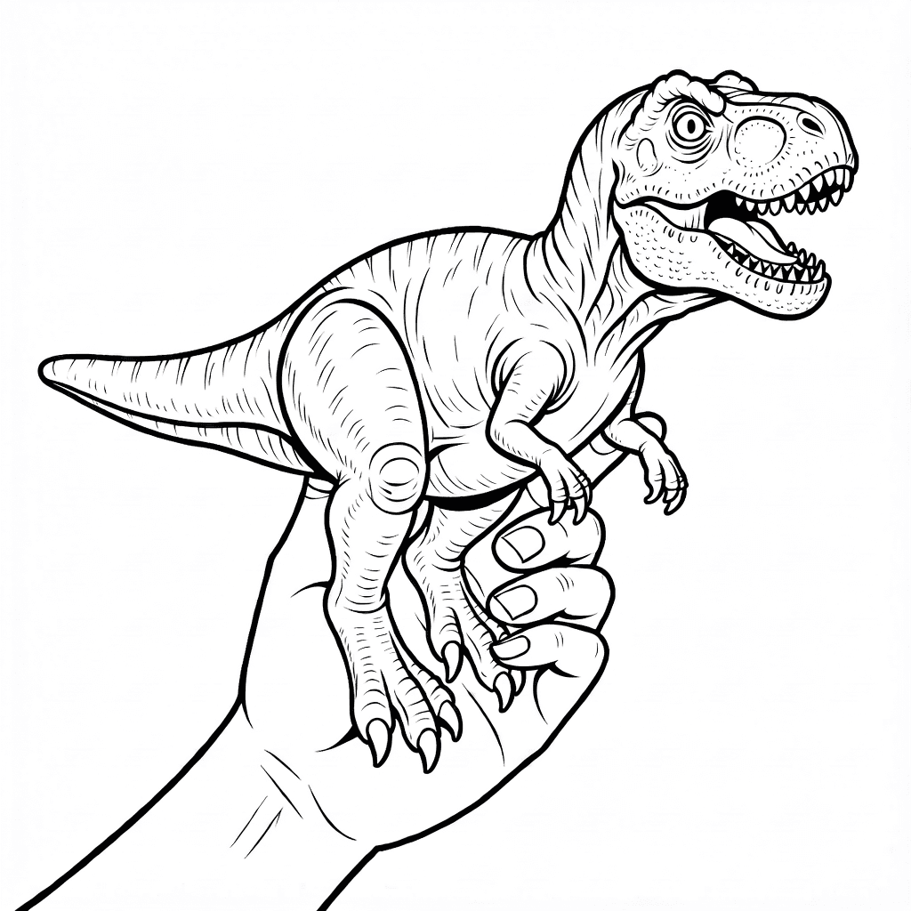 Mano di bambino che tiene dinosauro giocattolo dettagliato con squame e artigli visibili su sfondo bianco