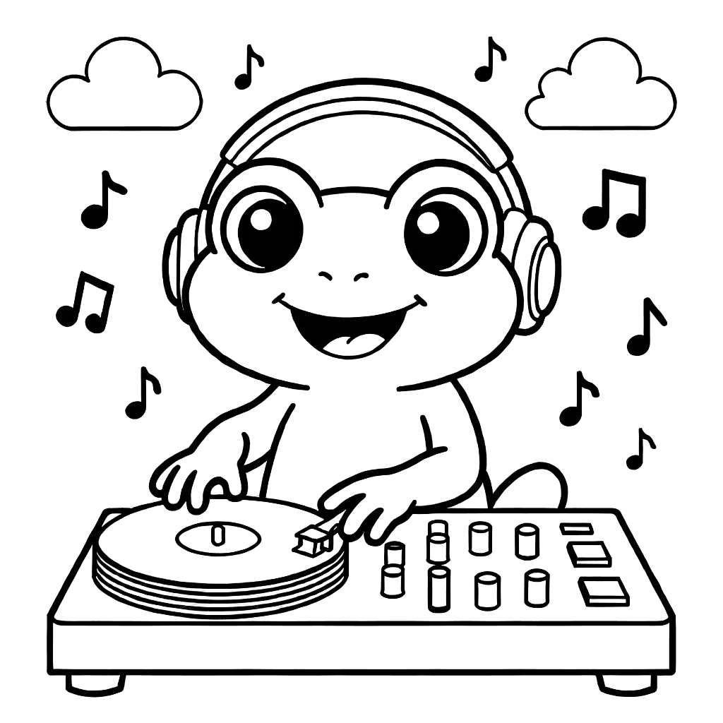 A happy frog wearing headphones and DJing on turntables