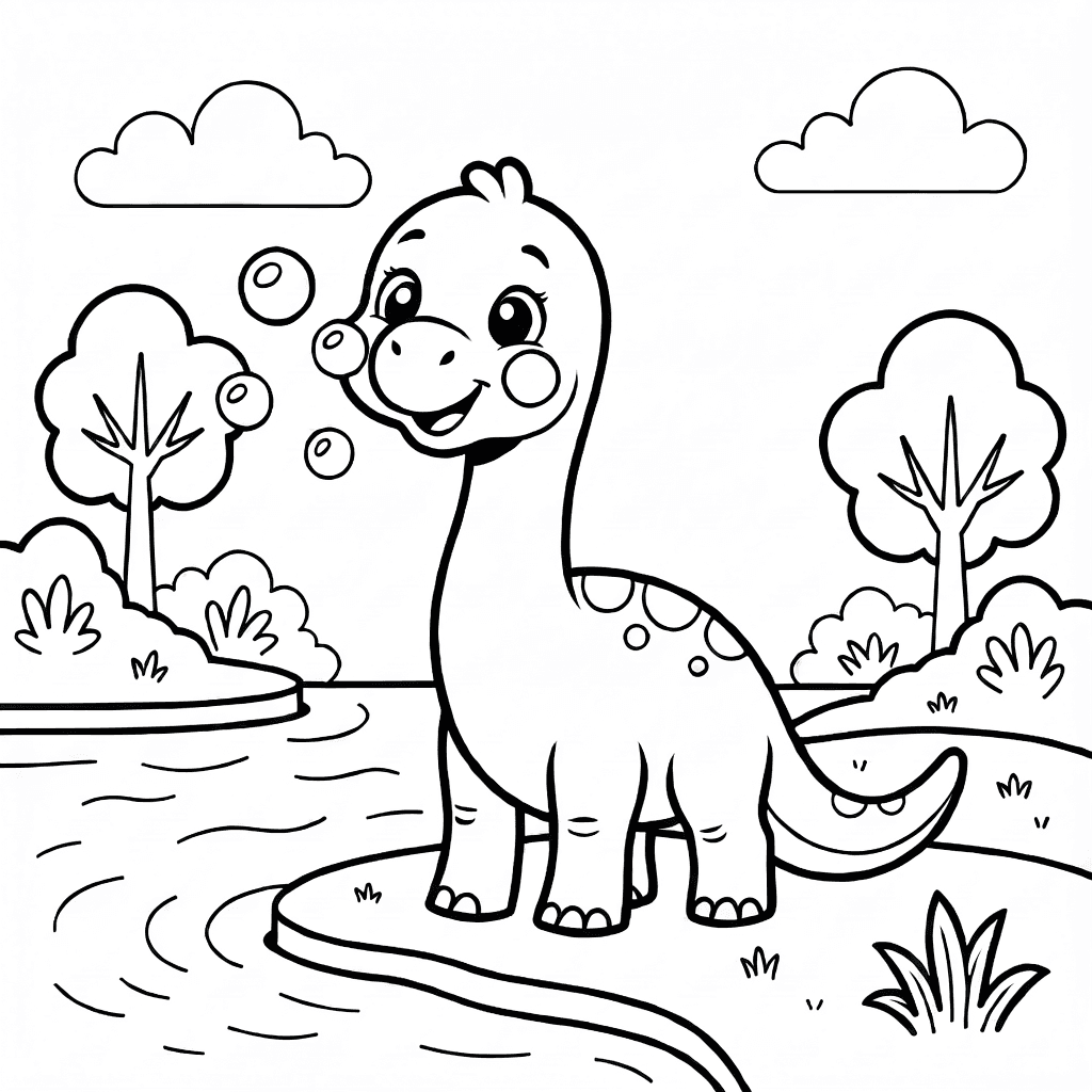 Diplodocus joven soplando burbujas junto a la orilla del río con árboles y arbustos al fondo