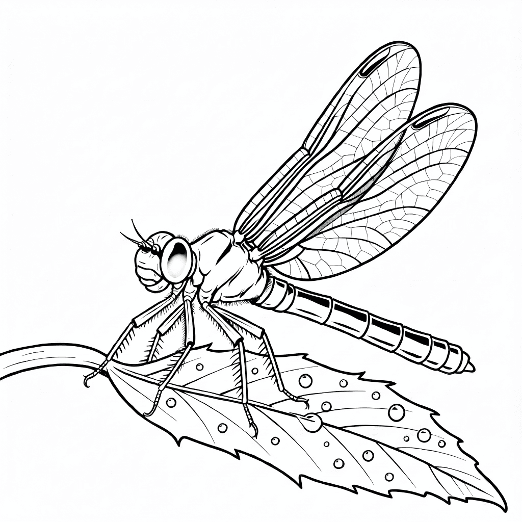 Detailreiche Libelle mit transparenten Flügeln auf einem taubedeckten Blatt mit sichtbaren Adern