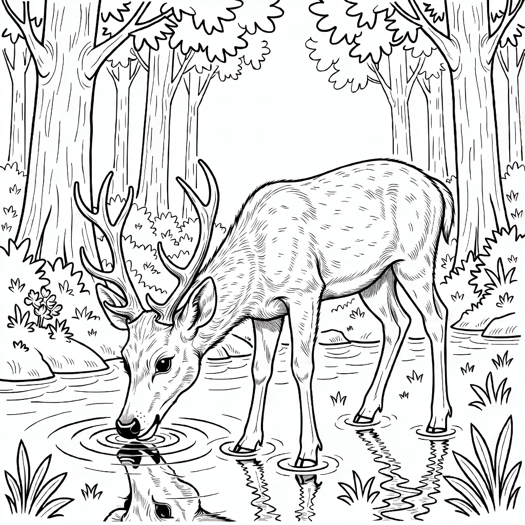 Cerf réaliste buvant de l'eau dans un ruisseau forestier entouré d'arbres hauts et de feuillage