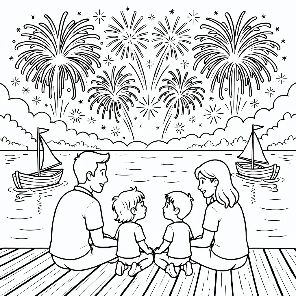Familie von vier Personen sitzt auf einem Steg am Fluss und schaut bunte Feuerwerke am Nachthimmel.