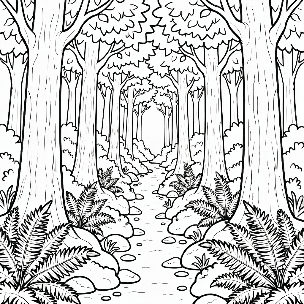 Waldweg mit Farnen und moosbedeckten Steinen zwischen Bäumen