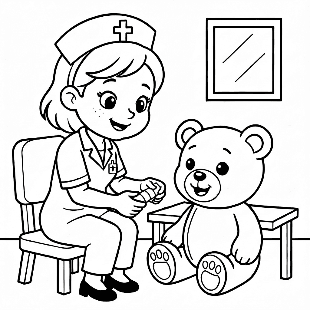 Freundliche Krankenschwester legt einem Teddy in einer einfachen Klinik mit Stuhl und Tisch einen Verband an