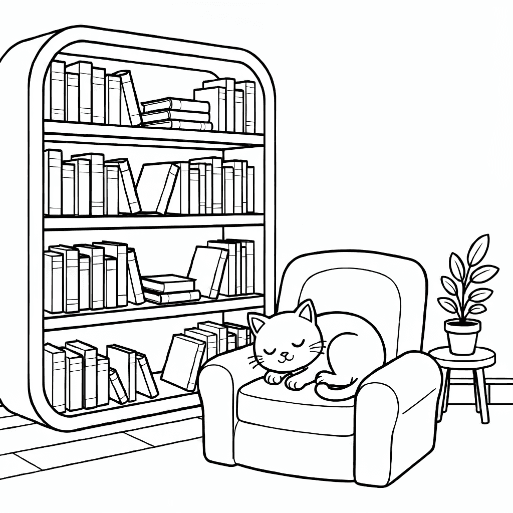 A cozy library corner with tall rounded bookshelves filled with books and a sleeping cat on a cushion next to a small table