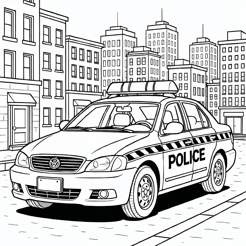 Black and white drawing of a police car with siren on top