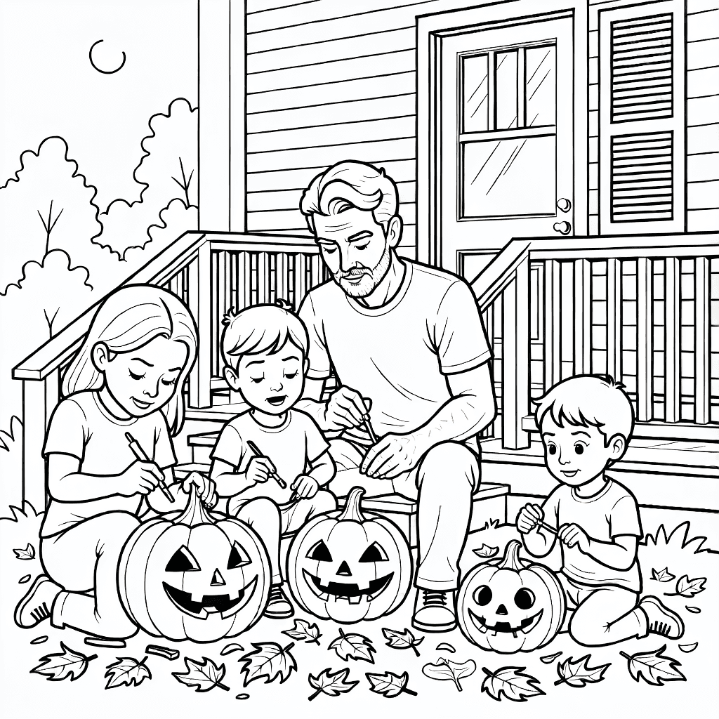 Family carving pumpkins on front porch in evening surrounded by fallen leaves