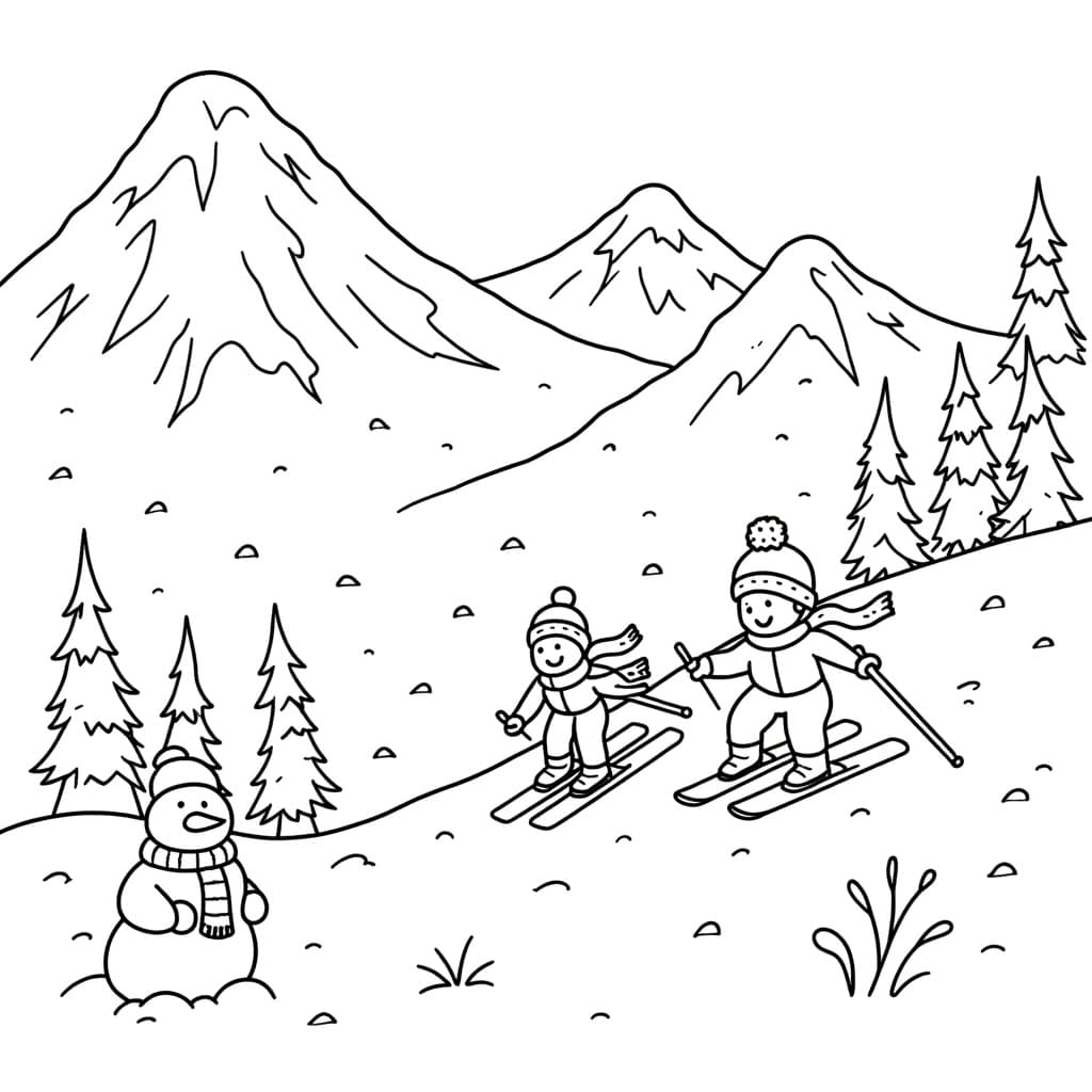 Snowy mountain landscape with several people skiing down the slopes