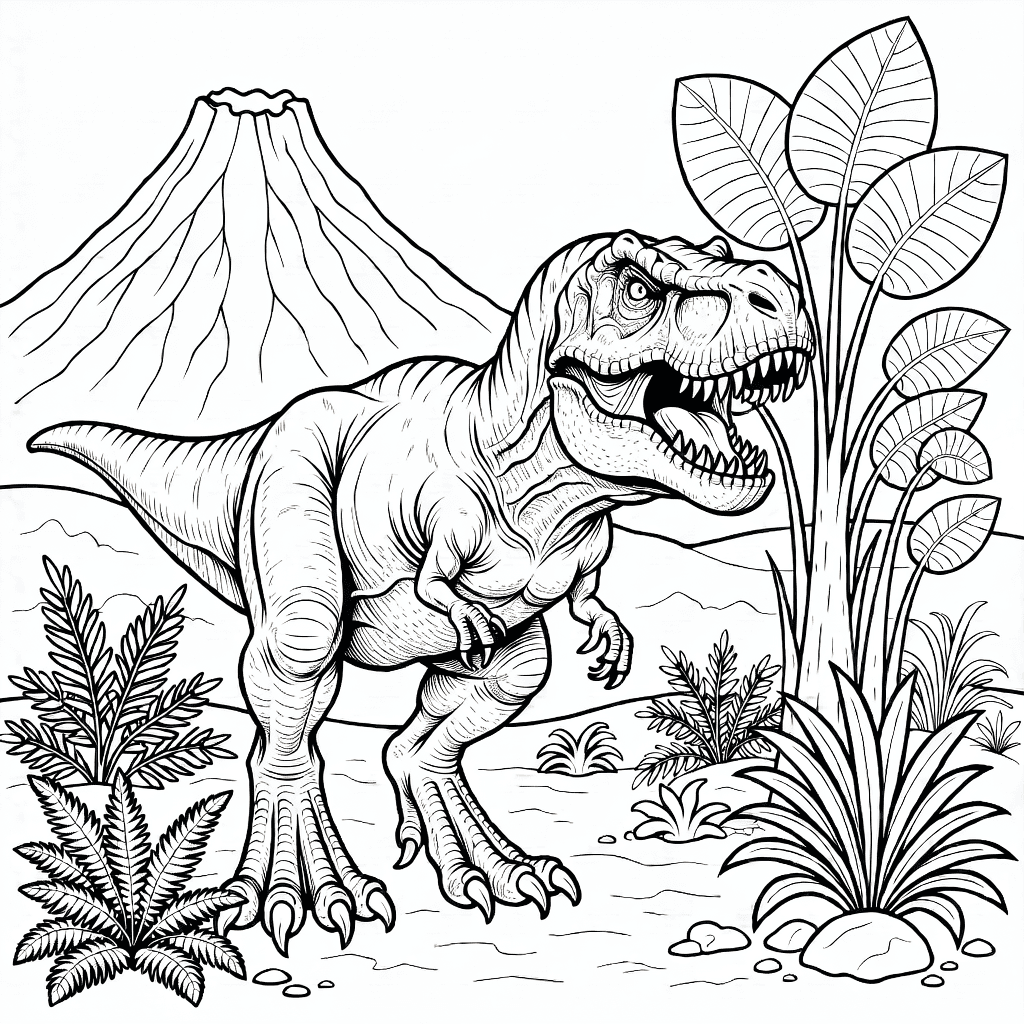 Realistic Tyrannosaurus rex dinosaur with muscles and scales in prehistoric landscape with volcano and plants