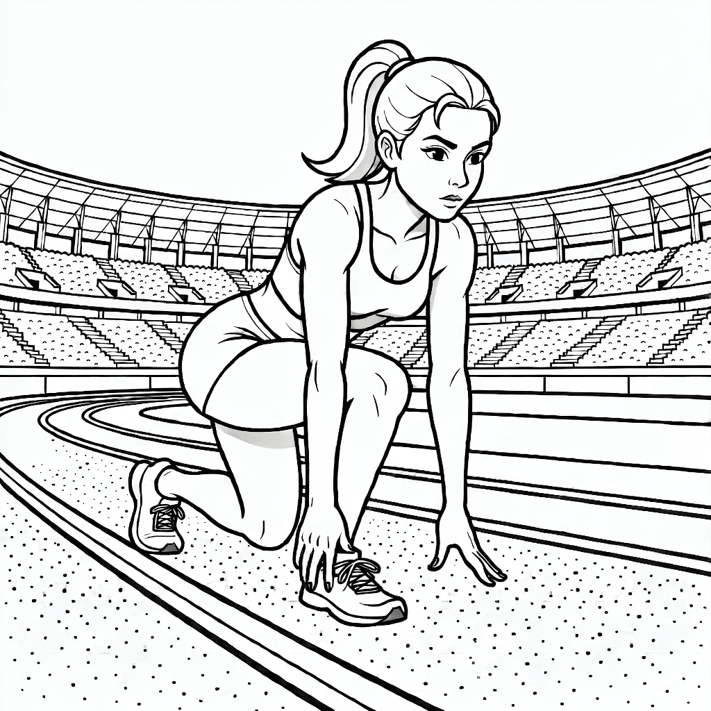 Atleta femenina en posición de salida en pista detallada con estadio al fondo