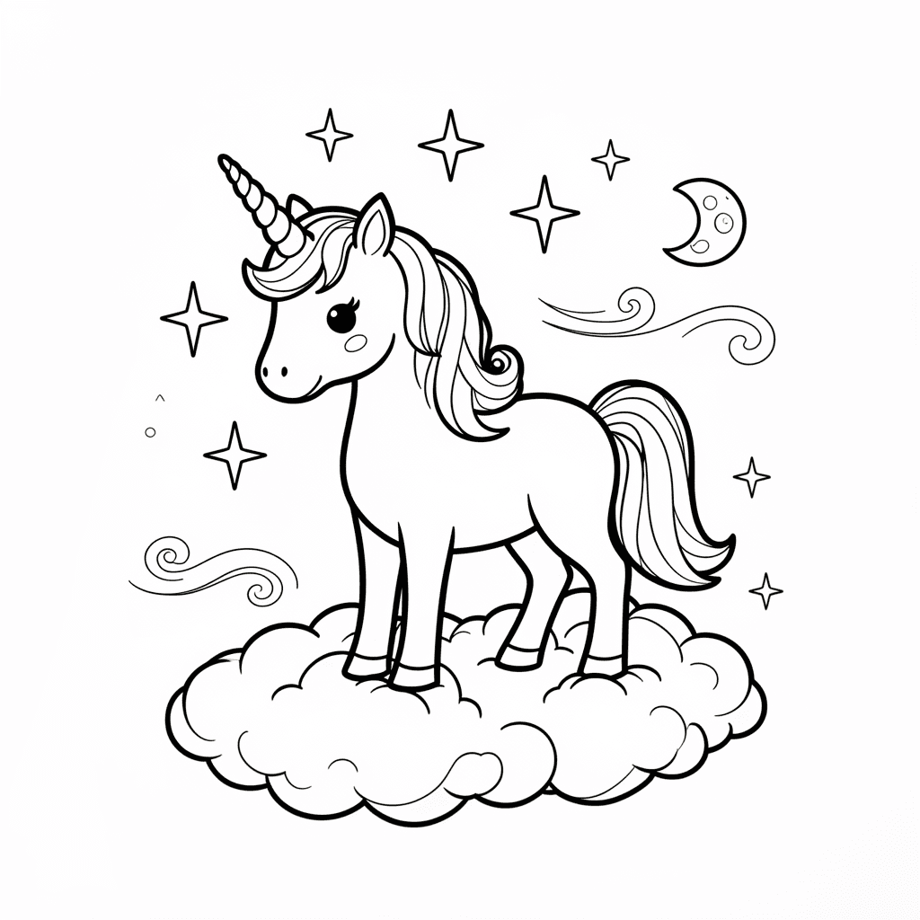 Niedliches Einhorn, das auf Wolken mit Sternen steht