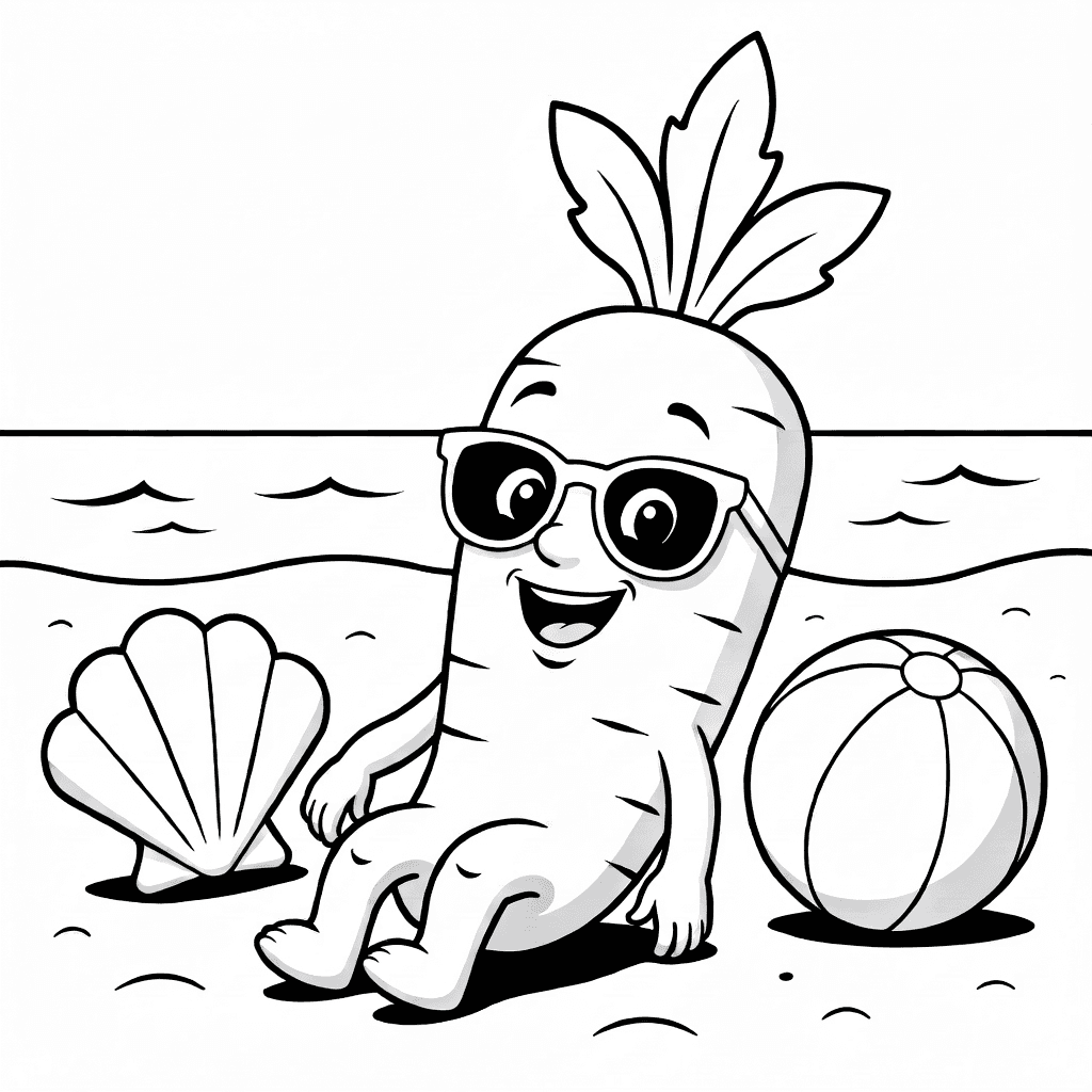 Lächelnde Karotte mit Sonnenbrille sitzt am Strand umgeben von Muscheln und einem Strandball.