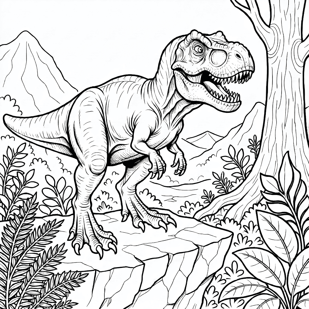 Dinosaurio Allosaurus realista en roca con valle prehistórico y plantas de fondo