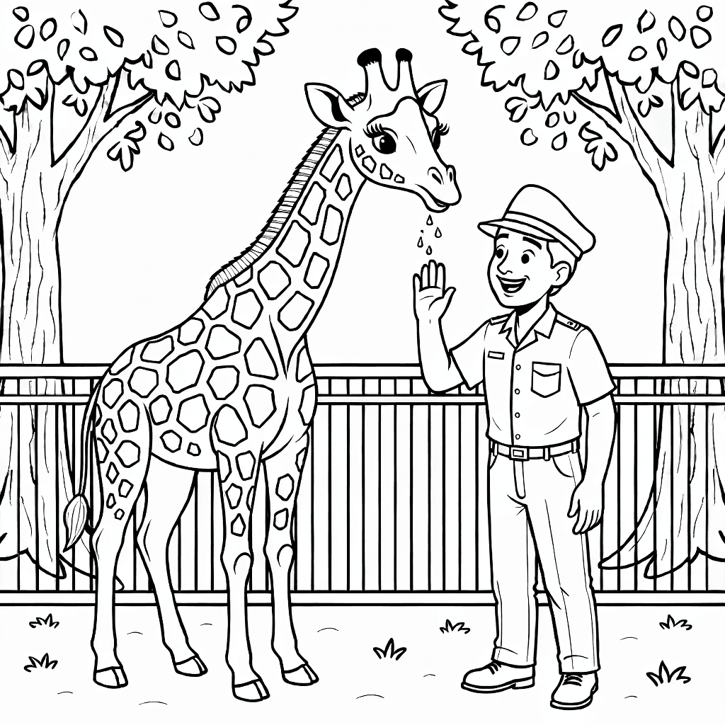 Freundlicher Tierpfleger in Uniform füttert hohe Giraffe mit gemustertem Hals vor Zoozaun und Bäumen