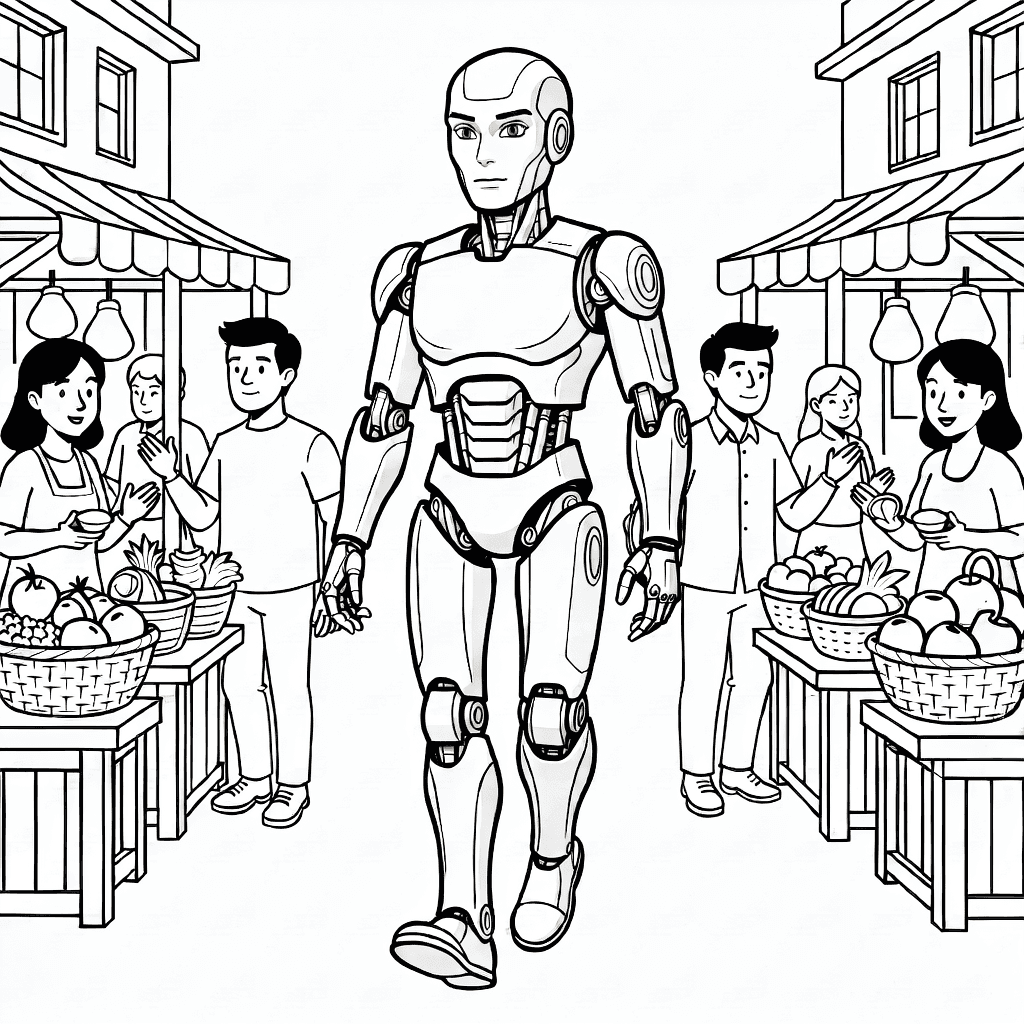 Robot umanoide che cammina in un mercato affollato con bancarelle di frutta, tessuti e passanti.