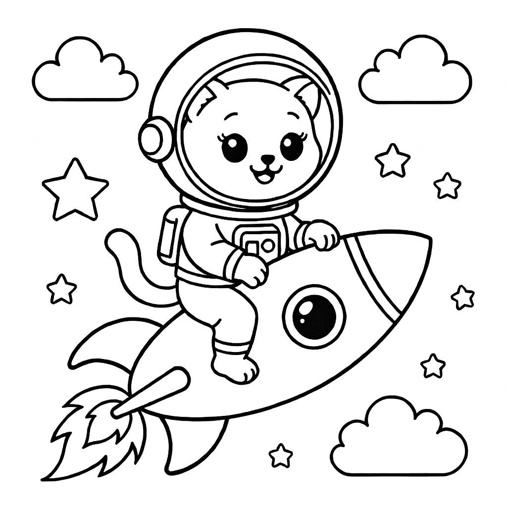A cat dressed as an astronaut riding a rocket through outer space with stars around