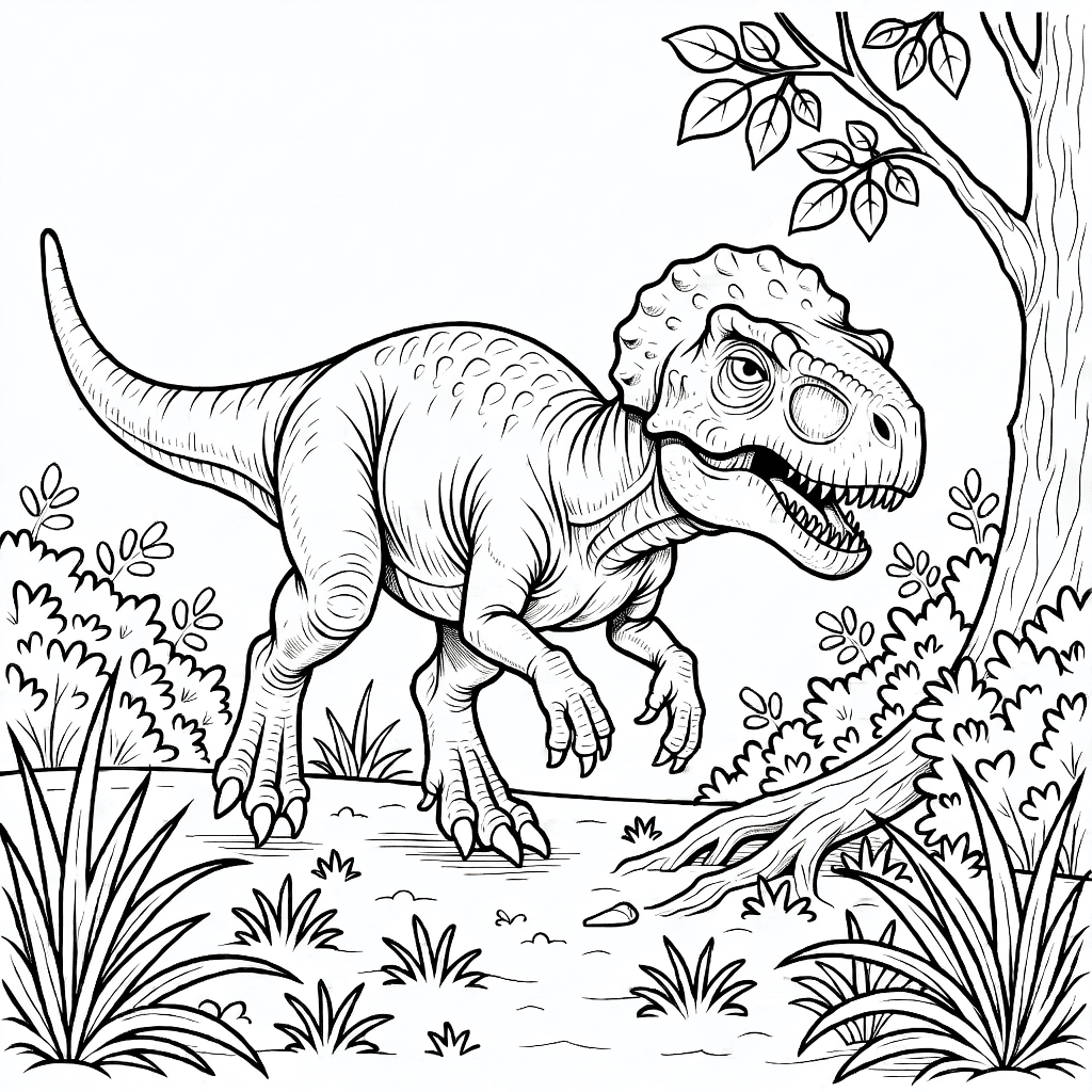 Dinossauro pachycephalosaurus realista correndo por capins altos e arbustos com pele detalhada e cabeça arredondada