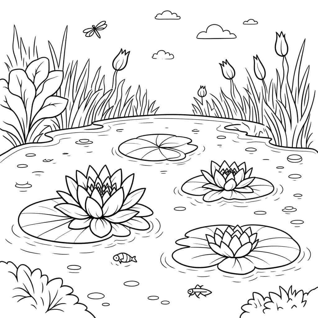 A calm pond with lotus flowers and lily pads floating on the water