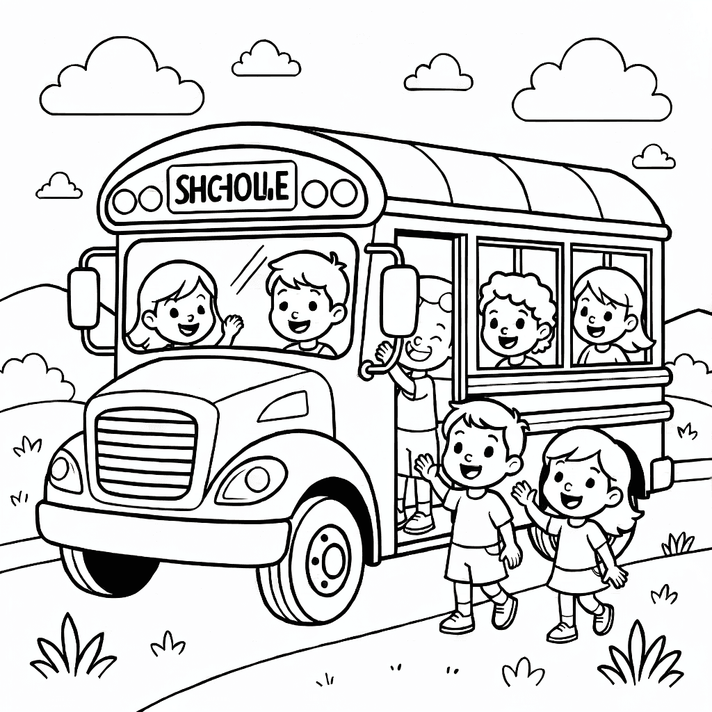 A school bus with smiling children boarding the bus