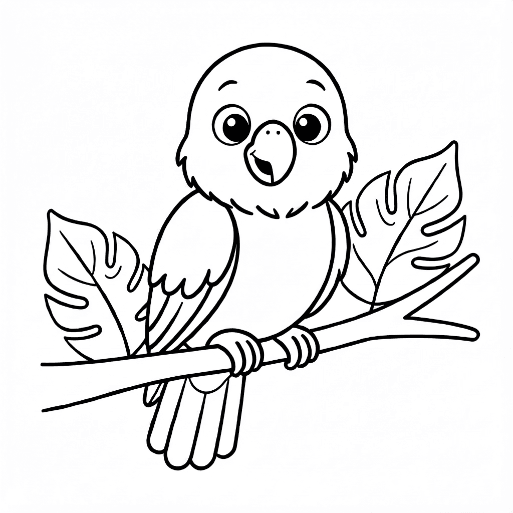 Perroquet amical aux grands yeux et sourire perché sur une branche tropicale avec feuilles simples