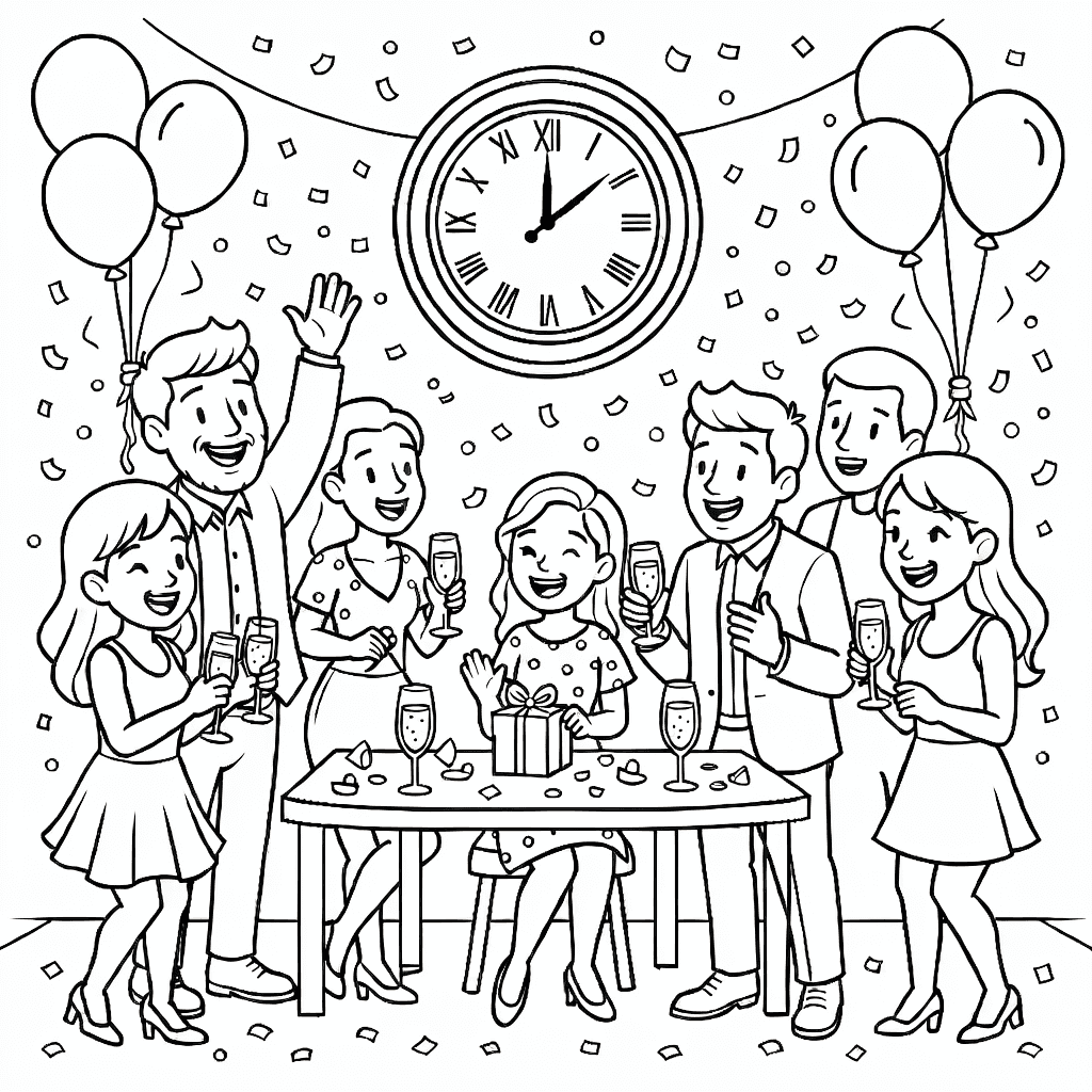 Festive Happy New Year scene with fireworks, decorations, and the year numbers
