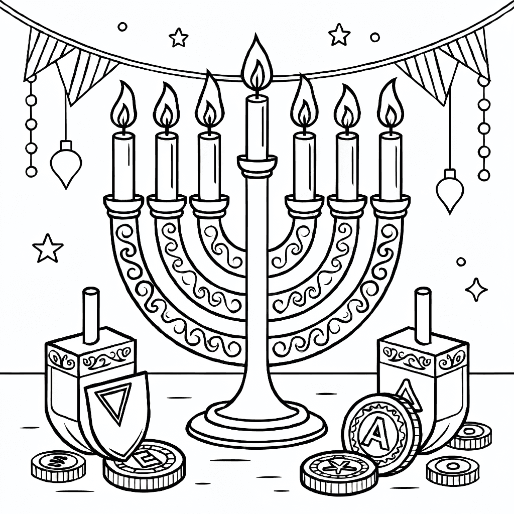 Menorah with lit candles, dreidel, and gelt coins for Hanukkah celebration